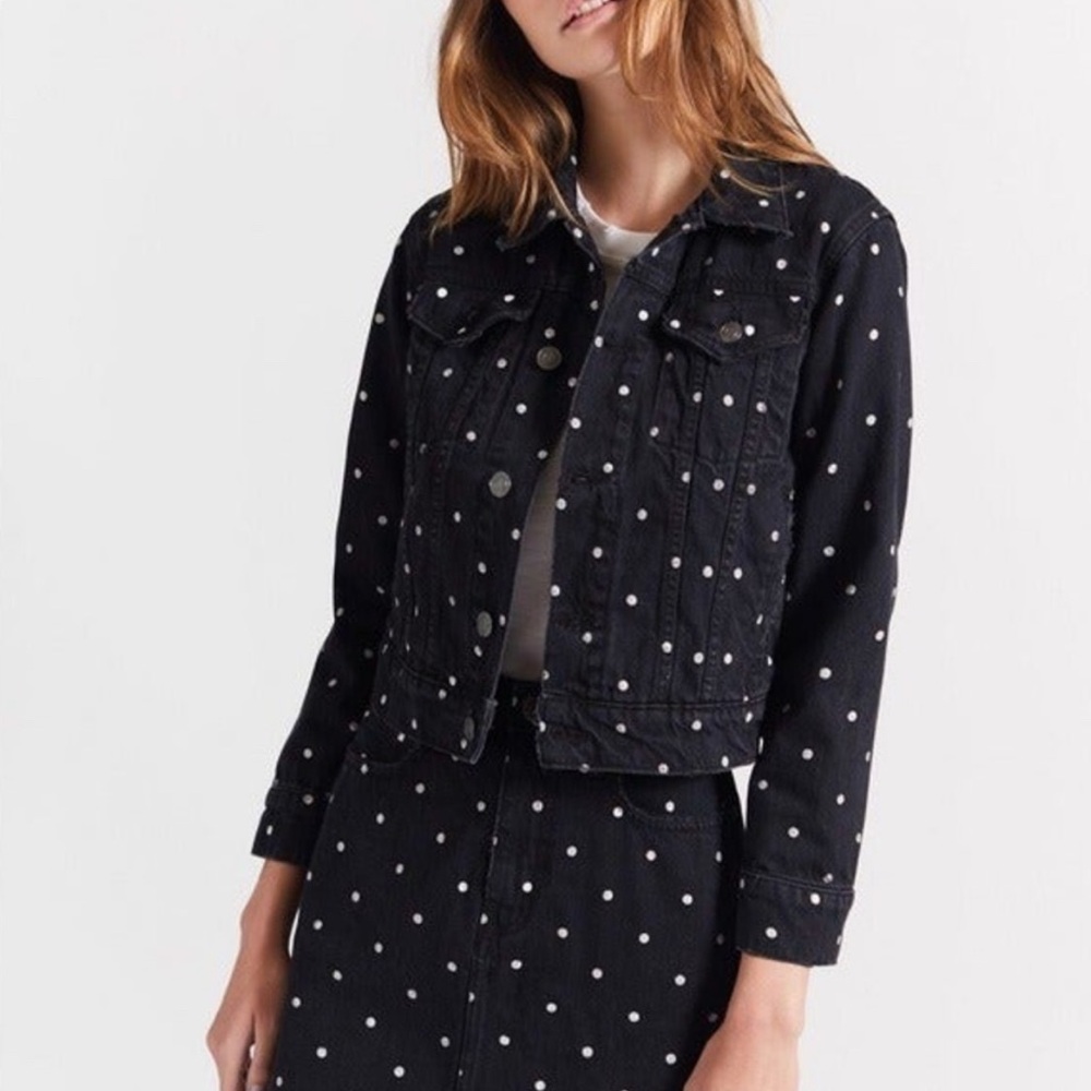 Current/Elliot Baby Trucker Polka Dot Denim Jacket by in Black.